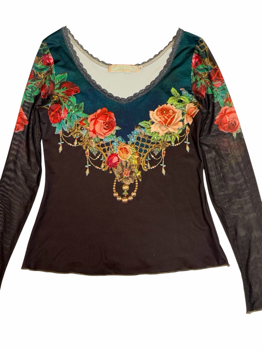 Michal Negrin Swarovski roses black emerald green ombré top sheer long sleeves